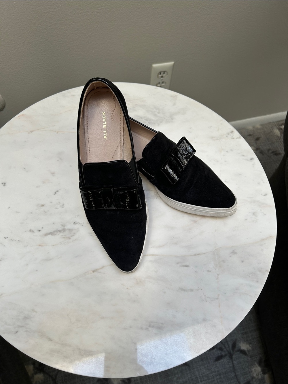 ALL BLACK Black Suede Slip-On Loafers with Patent Bow